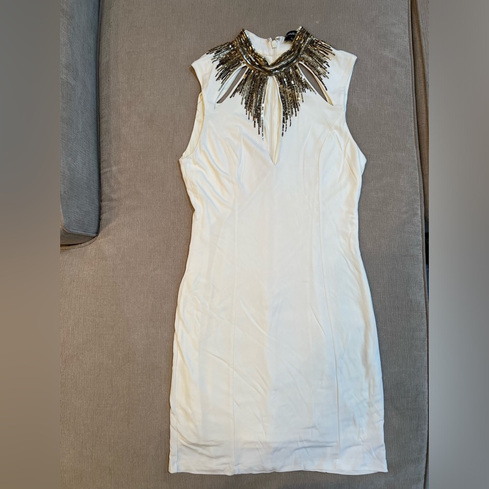Bebe white party dress with gold sequins